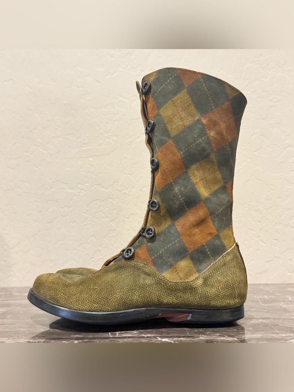 CYDWOQ Measure Plaid Argyle Patchwork Leather Button Front Boots